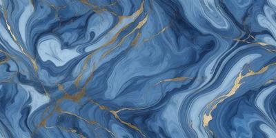 The primary subject of the image is a blue and gold marble tile. The setting is a wall with a blue and gold marble tile pattern. The visual style is a close-up of the tile, showcasing its intricate design. The colors and mood of the image are predominantly blue and gold, creating a luxurious and elegant atmosphere.
