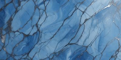 The primary subject of the image is a blue marble wall with a pattern of cracks and crevices. The setting is a room with a blue-tinted atmosphere. The visual style is a close-up of the marble wall, showcasing its unique texture and pattern. The colors and mood of the image are predominantly blue, creating a calm and serene ambiance.