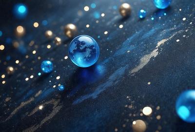 The primary subject of the image is a blue globe, which is the main object in the scene. The setting is a black background with a few gold stars scattered around the globe. The visual style appears to be a combination of a photo and digital art, creating a unique and eye-catching image. The dominant colors are blue and gold, giving the image a sense of depth and a calming atmosphere.