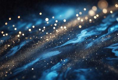 The primary subject of the image is a blue background with a pattern of sparkling lights or stars. The setting appears to be a dark, starry night, with the stars creating a sense of depth and contrast against the dark background. The visual style of the image is a combination of a photo and digital art, as it captures the beauty of the night sky while also showcasing the intricate pattern of the stars. The colors and mood of the image are predominantly dark and moody, with the blue background and sparkling