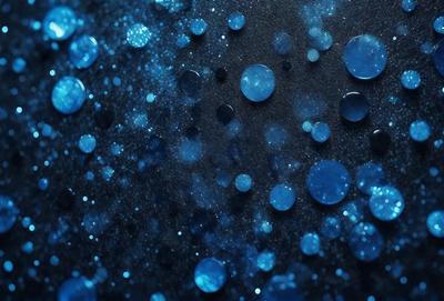 The primary subject of the image is a close-up of a black background with blue bubbles or droplets scattered across it. The setting appears to be a dark room, and the visual style is a combination of a photo and digital art. The dominant colors are blue and black, creating a moody and atmospheric scene.