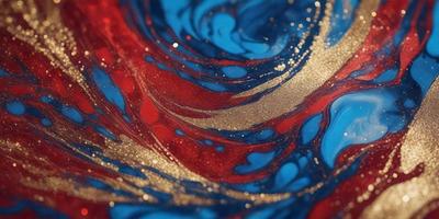 The primary subject of the image is a swirling, colorful pattern that appears to be a mix of red, blue, and gold. The setting is a blue and red background, which adds to the vibrant atmosphere of the scene. The visual style of the image is a combination of digital art and illustration, creating a unique and eye-catching design. The dominant colors in the image are red, blue, and gold, which contribute to a lively and energetic mood.