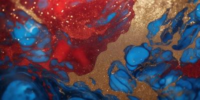 The primary subject of the image is a close-up of a blue and red swirling pattern, which appears to be a painting or a digital artwork. The setting is a surface with a gold-like texture, which adds to the visual style. The colors in the image are predominantly blue and red, creating a vibrant and dynamic atmosphere.