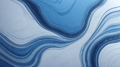The primary subject of the image is a blue and white marbled surface, which appears to be a tile or a piece of artwork. The setting is a room with a blue wall, and the visual style is a combination of a photo and digital art. The colors and mood of the image are predominantly blue and white, creating a calm and serene atmosphere.