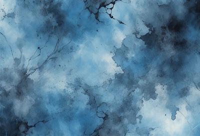 The primary subject of the image is a blue and white painting of a cloudy sky. The setting is a blue background, and the visual style appears to be a watercolor painting. The colors and mood of the painting are predominantly blue and white, creating a serene and calming atmosphere.