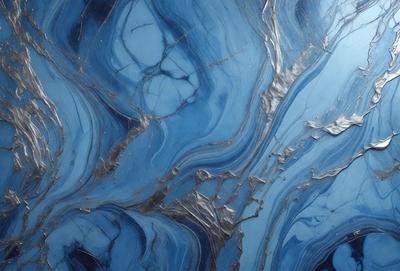 The primary subject of the image is a blue marble-like surface with a pattern of swirls and waves. The setting is a dark blue background, which contrasts with the blue marble. The visual style is a close-up of the marble, showcasing its intricate design. The colors and mood of the image are predominantly dark blue, creating a sense of depth and sophistication.