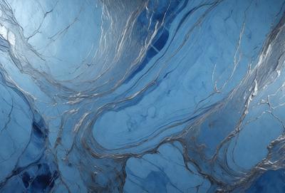 The primary subject of the image is a blue marble surface with a pattern of swirls and waves. The setting is a room with a blue background, and the visual style appears to be a combination of a photo and digital art. The dominant colors are blue and white, creating a calm and serene atmosphere.