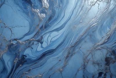 The primary subject of the image is a blue marble-like surface with a swirling pattern. The setting is a blue background, and the visual style appears to be a close-up of the marble. The colors and mood of the image are predominantly blue, creating a calm and serene atmosphere.