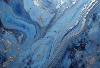 The primary subject of the image is a blue marble surface with a pattern of swirls and waves. The setting is a close-up of the marble, showcasing its unique texture and design. The visual style is a close-up of the marble, emphasizing its intricate details. The colors and mood of the image are predominantly blue, creating a serene and calming atmosphere.