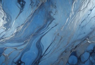 The primary subject of the image is a blue and white marbled surface, which appears to be a marble tile or a blue and white marbled wall. The setting is a room with a blue and white marbled wall, and the visual style is a close-up of the marbled surface. The colors and mood of the image are predominantly blue and white, creating a calm and serene atmosphere.