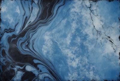 The primary subject of the image is a blue and black marbled surface, which appears to be a piece of marble or a marbled wall. The setting is a room with a blue and black marbled wall, and the visual style is a close-up of the marbled surface. The colors and mood of the image are predominantly blue and black, creating a striking and elegant atmosphere.