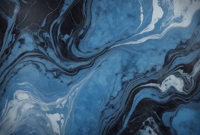 The primary subject of the image is a blue and black marble-like surface, which appears to be a patterned or textured material. The setting is a dark room, and the visual style is a close-up of the marble-like surface. The colors and mood of the image are predominantly dark and moody, with the blue and black tones creating a dramatic and striking appearance.