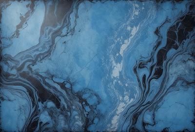 The primary subject of the image is a blue marble wall with a pattern of swirls and waves. The setting is a room with a blue-toned atmosphere. The visual style is a combination of a photo and digital art, creating a unique and intricate design. The dominant colors are blue and white, with the blue marble wall being the main focus of the image.