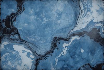 The primary subject of the image is a blue and white swirling pattern, which appears to be a painting or a digital artwork. The setting is a blue background, and the visual style is a combination of photo and digital art. The colors and mood of the image are predominantly blue and white, creating a sense of calmness and tranquility.