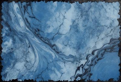 The primary subject of the image is a blue marble-like surface with a swirling pattern. The setting is a dark background, which contrasts with the blue marble. The visual style is a combination of a photo and a digital art, creating a unique and intriguing appearance. The colors and mood of the image are predominantly blue, with a sense of depth and complexity.