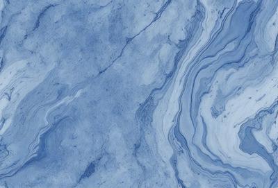 The primary subject of the image is a blue marble surface, which appears to be a marble countertop. The setting is a room with a blue marble wall, and the visual style is a close-up of the marble surface. The colors and mood of the image are predominantly blue, creating a calm and serene atmosphere.