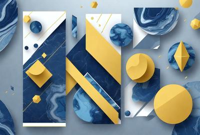 The primary subject of the image is a blue and yellow geometric pattern. The setting is a blue and white background, and the visual style is a combination of digital art and illustration. The dominant colors are blue and yellow, creating a vibrant and lively atmosphere.