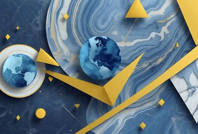 The primary subject of the image is a blue and yellow globe, which is the main object in the scene. The setting is a blue and yellow background, creating a visually striking contrast with the globe. The visual style of the image is digital art, as it appears to be a computer-generated or digitally manipulated representation of the globe. The colors and mood of the image are vibrant and lively, with the blue and yellow hues evoking a sense of energy and dynamism.