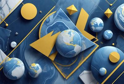 The primary subject of the image is a blue and yellow globe, which is the main object in the scene. The setting is a blue and yellow background, and the visual style is a combination of photo and digital art. The colors and mood of the image are vibrant and lively, with the blue and yellow colors creating a sense of energy and movement.