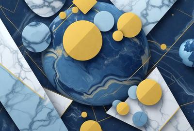 The primary subject of the image is a blue marble, which is the main object in the scene. The setting is a blue and white marble surface, which serves as the backdrop for the image. The visual style is a combination of digital art and illustration, creating a unique and artistic representation of the marble. The dominant colors in the image are blue and white, giving it a calm and serene atmosphere.