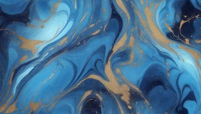 The primary subject of the image is a blue and gold swirling pattern, which appears to be a painting or a digital artwork. The setting is a blue background, and the visual style is a combination of photo and digital art. The dominant colors are blue and gold, creating a vibrant and lively atmosphere.
