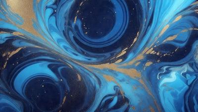 The primary subject of the image is a blue and gold swirl pattern. The setting is a blue background, and the visual style appears to be a digital art or illustration. The dominant colors are blue and gold, creating a vibrant and lively atmosphere.