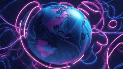 The primary subject of the image is a blue, pink, and purple globe, which is the main object, scene, or focus of the image. The globe is set against a backdrop of a purple and pink neon-like background, creating a visually striking and vibrant scene. The visual style of the image is a combination of photo and digital art, as it appears to be a photograph of a digital art piece. The colors and mood of the image are predominantly pink and pur
