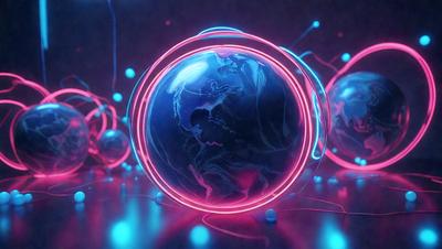 The primary subject of the image is a large, glowing, pink and blue globe. The globe is surrounded by a variety of smaller, pink and blue balls, creating a visually striking scene. The setting appears to be a dark room, with the globe and balls illuminated by a neon light. The visual style of the image is a combination of digital art and illustration, giving it a futuristic and surreal appearance. The dominant colors in the image are pink, blue, and pur