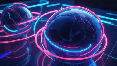 The primary subject of the image is a large, blue, pink, and black globe. The globe is placed on a surface with a blue background. The visual style of the image is digital art, as it appears to be a computer-generated or digitally manipulated image. The colors and mood of the image are vibrant and energetic, with the blue and pink hues creating a sense of depth and the black accents adding contrast and visual interest.