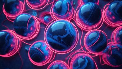 The primary subject of the image is a collection of blue and pink neon balls. The setting is a dark background, which contrasts with the bright colors of the neon balls. The visual style is a close-up of the neon balls, showcasing their unique and vibrant colors. The overall atmosphere is lively and energetic, as the neon balls create a striking and eye-catching display.