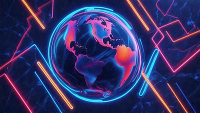 The primary subject of the image is a neon-colored globe, which is the main object, scene, or focus of the image. The setting or background features a blue and pink neon-colored background, creating a vibrant and lively atmosphere. The visual style of the image is a combination of digital art and illustration, as it is a digital artwork with a unique and creative design. The colors and mood of the image are predominantly blue and pink, giving it a lively