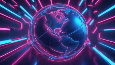 The primary subject of the image is a large, pink, blue, and purple globe, which is the main object, scene, or focus of the image. The globe is set against a backdrop of a brightly colored, neon-like environment. The visual style of the image is a combination of photo and digital art, creating a unique and eye-catching representation of the globe. The colors and mood of the image are vibrant and energetic, with the pink, blue, and