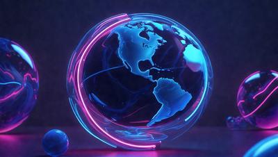 The primary subject of the image is a blue and pink globe, which is the main object, scene, or focus of the image. The globe is placed on a surface, possibly a table, and is surrounded by a blue and pink light. The setting or background of the image is a dark room, which adds to the overall atmosphere. The visual style of the image is a combination of digital art and illustration, creating a unique and eye-catching display. The colors and mood of the image are predominantly