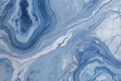 The primary subject of the image is a blue and white marbled stone. The setting is a close-up of the stone, showcasing its intricate patterns and textures. The visual style is a realistic representation of the stone, capturing its natural beauty. The dominant colors are blue and white, creating a serene and calming atmosphere.