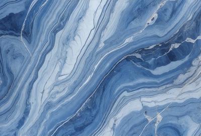 The primary subject of the image is a close-up of a blue and white marbled stone. The setting is a stone wall, and the visual style is a photo. The dominant colors are blue and white, creating a calm and serene atmosphere.