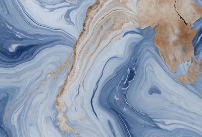 The primary subject of the image is a blue and white marbled surface, which appears to be a painting or a digital artwork. The setting is a world map, with the marbled surface covering the entire globe. The visual style is a combination of painting and digital art, creating a unique and intriguing appearance. The colors and mood of the image are predominantly blue and white, giving it a calm and serene atmosphere.