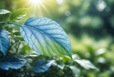 The primary subject of the image is a leaf, which is the main object, scene, or focus of the image. The leaf is green and blue, and it is placed in a setting with a background of green plants. The visual style of the image is a photo, and the colors and mood are lively and vibrant.