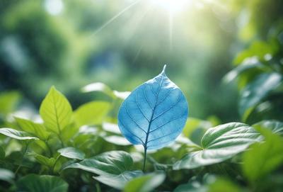 The primary subject of the image is a blue leaf, which is the main object, scene, or focus of the image. The setting/background consists of a lush green forest, with trees and plants surrounding the leaf. The visual style of the image is a photo, capturing the natural beauty of the leaf in its environment. The colors and mood of the image are predominantly green and serene, reflecting the peaceful and natural atmosphere of the forest.