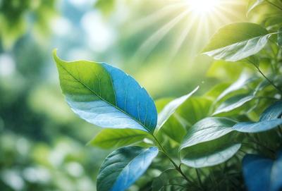 The primary subject of the image is a leaf with a blue tint, which is growing in a lush green environment. The leaf is surrounded by other green leaves, creating a vibrant and natural setting. The visual style of the image is a close-up of the leaf, showcasing its intricate details. The colors and mood of the image are predominantly green and serene, with the blue tint of the leaf adding a touch of tranquility to the scene.