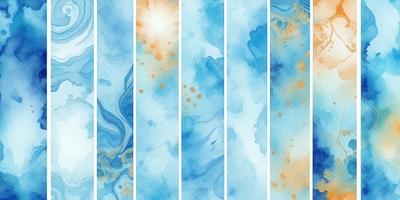 The image consists of three different blue paintings, each with a unique design. The first painting is a blue watercolor with a sun in the middle, creating a warm and inviting atmosphere. The second painting is a blue watercolor with a blue and white design, adding a touch of elegance and sophistication. The third painting is a blue watercolor with a blue and white design, featuring a blue and white pattern that adds a sense of harmony and balance to the scene. Overall, the image conveys a sense