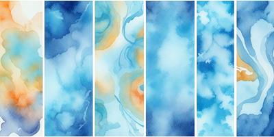 The image consists of four different sections, each featuring a unique artistic style. The primary subject in each section is a flower, with varying colors and patterns. The setting/background in each section is a cloudy sky, which adds a sense of depth and atmosphere to the artwork. The visual style of the image is a combination of digital art, illustration, and drawing, creating a cohesive and visually appealing presentation. The colors and mood of the image are predominantly blue, with some orange accents, giving