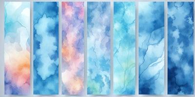 The primary subject of the image is a series of five watercolor paintings, each featuring a different color and design. The setting is a wall, and the visual style is a combination of watercolor and digital art. The colors and mood of the paintings are vibrant and lively, creating a cheerful and uplifting atmosphere.