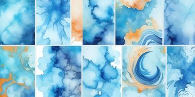 The image consists of six different pictures, each featuring a unique watercolor painting. The primary subject of the images is the artistic representation of water, with various shades of blue and other colors used to create a visually appealing and calming atmosphere. The setting is a gallery or exhibition space, showcasing the artist's work. The visual style is a combination of traditional watercolor painting and digital art, as the images are displayed on a screen. The colors and mood convey a sense of tranquility and beauty, inv