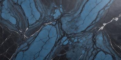 The primary subject of the image is a blue marble-like surface with a pattern of bubbles and swirls. The setting is a dark room, and the visual style appears to be a combination of a photo and a digital art or illustration. The dominant colors are blue and black, creating a moody and dramatic atmosphere.