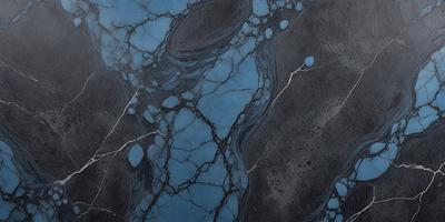 The primary subject of the image is a blue marble surface with a pattern of bubbles and cracks. The setting is a dark room, and the visual style appears to be a combination of a photo and a digital artwork. The dominant colors are blue and black, creating a moody and dramatic atmosphere.