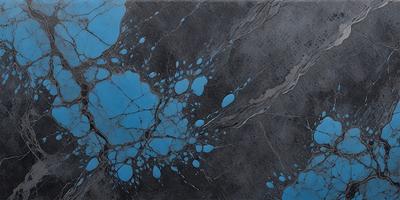 The primary subject of the image is a blue and black marble surface. The setting is a stone wall, and the visual style is a close-up of the marble surface. The colors and mood of the image are predominantly dark and moody, with the blue and black marble creating a striking contrast against the stone wall.