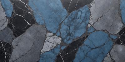 The primary subject of the image is a blue and black marble tile. The setting is a wall with a blue and black marble tile pattern. The visual style is a close-up of the tile, showcasing its intricate design. The colors and mood of the image are predominantly blue and black, creating a sophisticated and elegant atmosphere.