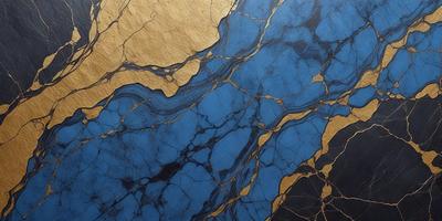 The primary subject of the image is a marble countertop with a blue and gold pattern. The setting is a kitchen, and the visual style is a photo. The dominant colors are blue and gold, creating a luxurious and elegant atmosphere.