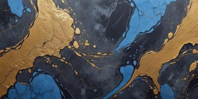 The primary subject of the image is a painting featuring a blue background with gold and black accents. The painting appears to be a digital artwork, showcasing a unique visual style. The colors and mood of the painting are predominantly blue, gold, and black, creating a striking and artistic atmosphere.