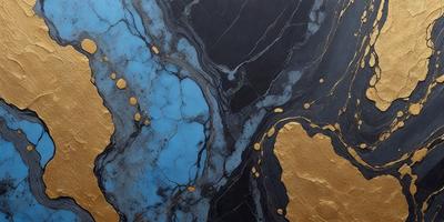 The primary subject of the image is a blue and gold marble-like surface. The setting is a dark, possibly black, background. The visual style appears to be a combination of a photo and digital art, as the colors and patterns are vibrant and intricate. The dominant colors are blue and gold, creating a sense of luxury and sophistication.